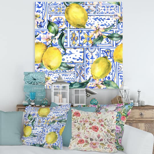 Designart - Lemon Ornament On Blue Geometrical Pattern I
